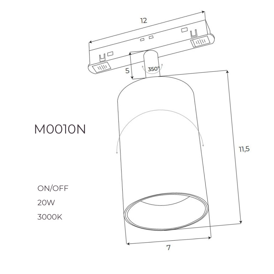 Прожектор поворотний Maxlight для магнітного шинопроводу 20W 3000К 24°  ON/OFF M0010N