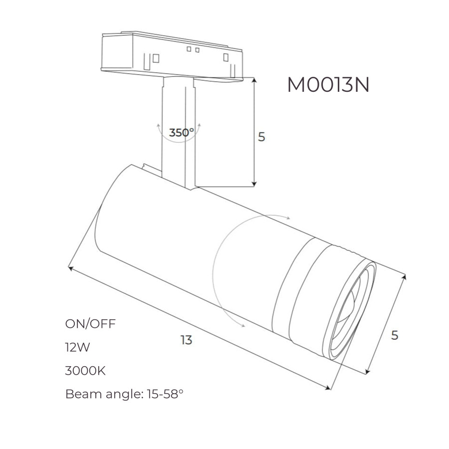 Прожектор поворотний Maxlight для магнітного шинопроводу 12W 15°-58° 3000K ON/OFF M0013N