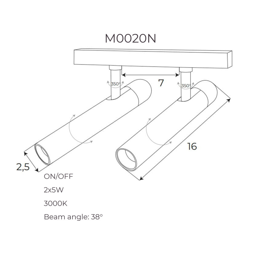 Подвійний прожектор Maxlight  для магнітного шинопроводу 2х5W 3000K 38° ON/OFF M0020N